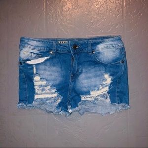 Jean shorts, medium/dark wash, distressed